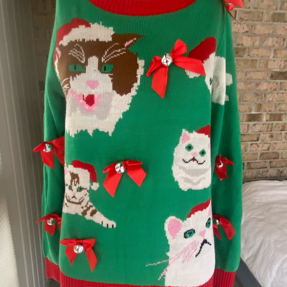 Tipsy Elves Green Cat Sweater with Red Bow Accents